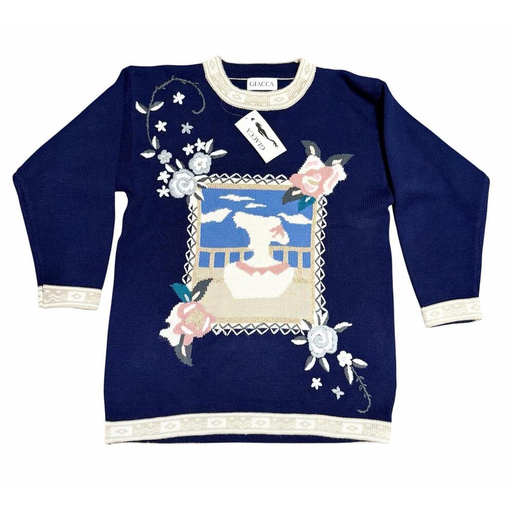 Vintage Sweater Kitsch Cottage Scene Novelty Cottagecore RARE Giacca Fashion